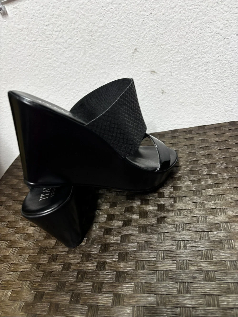 Italian Shoemakers Black Patent and Matte Platform Wedge Slides